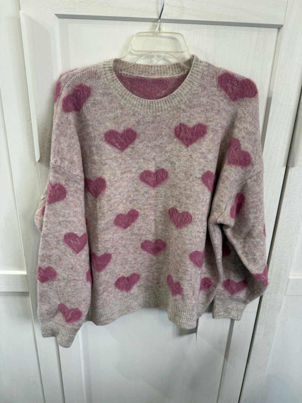 Chicwish Pink Heart Crewneck Sweater - Heathered Beige Base